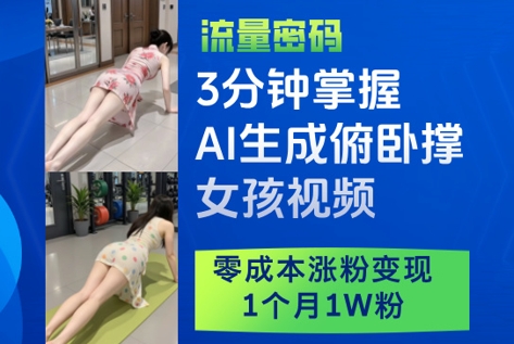3分钟掌握AI生成俯卧撑女孩视频，零成本涨粉变现，1个月1W粉-极光网创