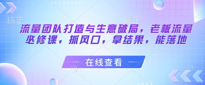 流量团队打造与生意破局，老板流量必修课，抓风口，拿结果，能落地-极光网创