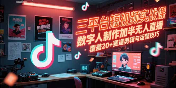 三平台短视频实战课,数字人制作加半无人直播,覆盖20+赛道剪辑与运营技巧-极光网创