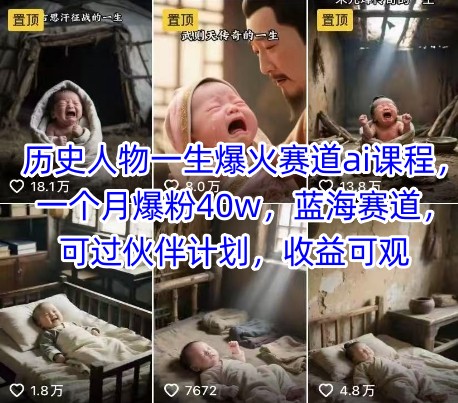 历史人物一生爆火赛道ai课程，一个月爆粉40w，蓝海赛道，可过伙伴计划，收益可观-极光网创