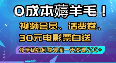 0成本薅羊毛!视频会员、话费卷、30元电影票白送，分享我如何靠转卖一天变现5张+【揭秘】-极光网创