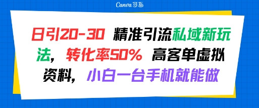 日引 20-30 精准引流私域新玩法，转化率50% 高客单虚拟资料，小白一台手机就能做-极光网创