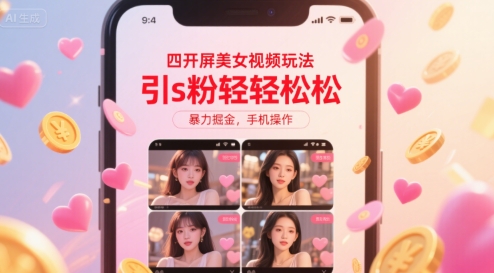 四开屏美女视频玩法,引s粉轻轻松松,暴力掘金,手机操作【揭秘】-极光网创