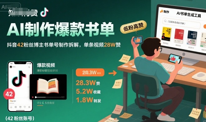 AI制作爆款书单,抖音42粉丝博主书单号制作拆解,单条视频28W赞-极光网创