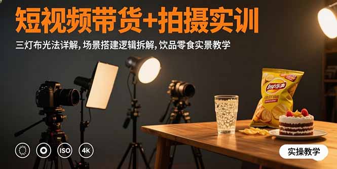 短视频带货+拍摄实训：三灯布光法详解,场景搭建逻辑拆解,饮品零食实景教学-极光网创