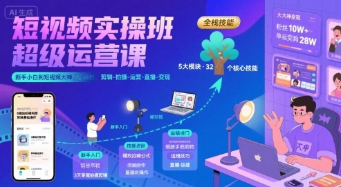短视频实操班超级运营课，新手小白到短视频大神必修课程，剪辑-拍摄-运营-直播-变现-极光网创