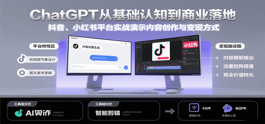 ChatGPT从基础认知到商业落地,实战演示抖音、小红书等平台的内容创作与变现-极光网创