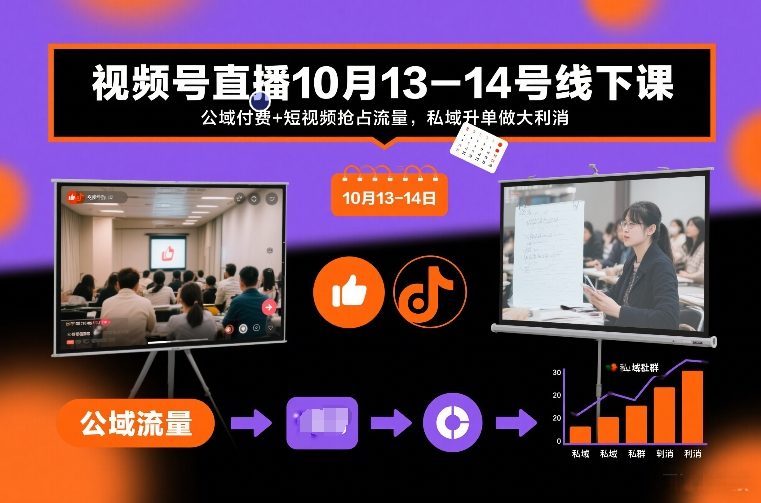 视频号直播10月13-14号线下课，公域付费+短视频抢占流量，私域升单做大利消-极光网创