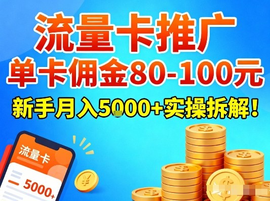 流量卡推广，单卡佣金80-100，新手月入5k+实操拆解！-极光网创