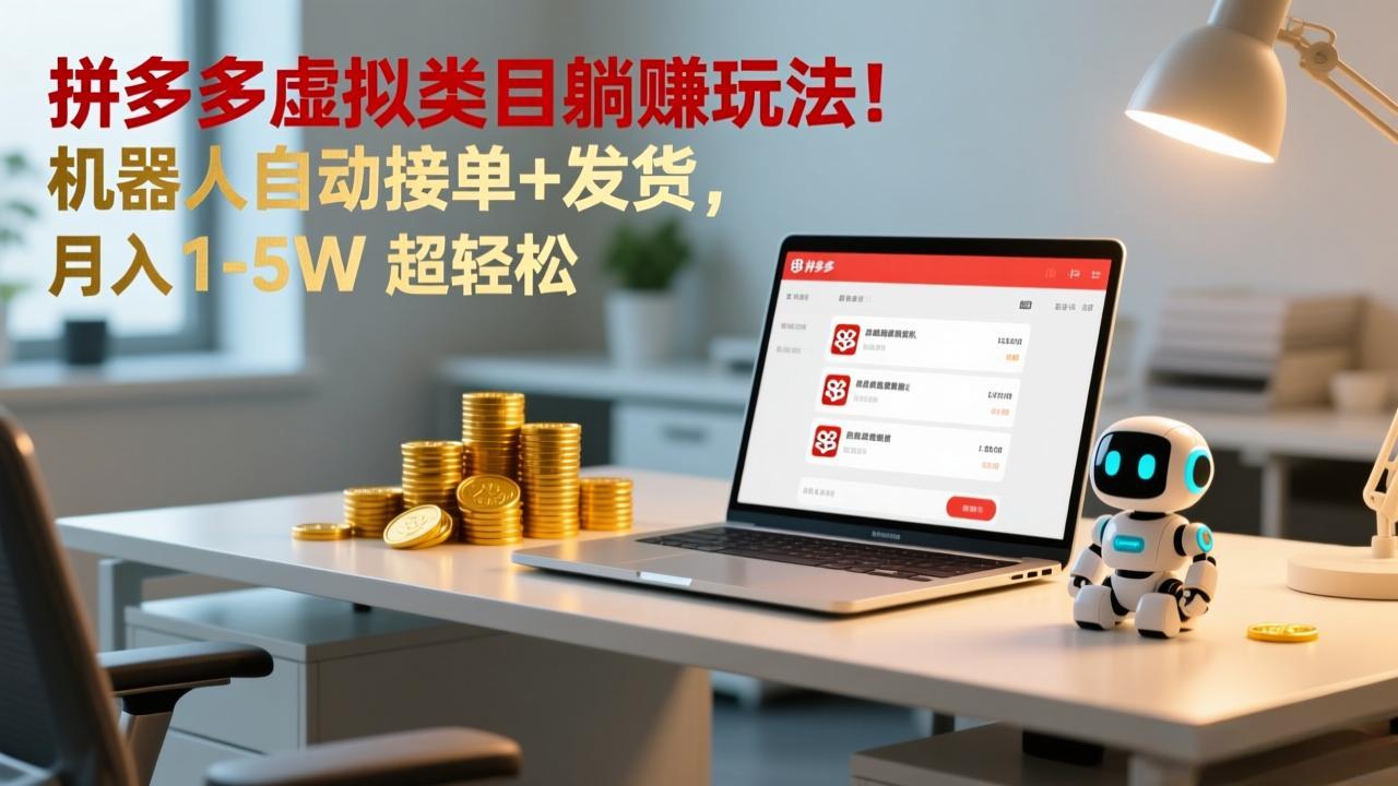 多多虚拟类目躺赚玩法！机器人自动接单+发货，月入 1-5W 超轻松-极光网创