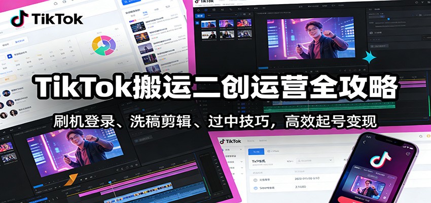 TikTok搬运二创运营全攻略：刷机登录、洗稿剪辑 、过中技巧，高效起号变现-极光网创
