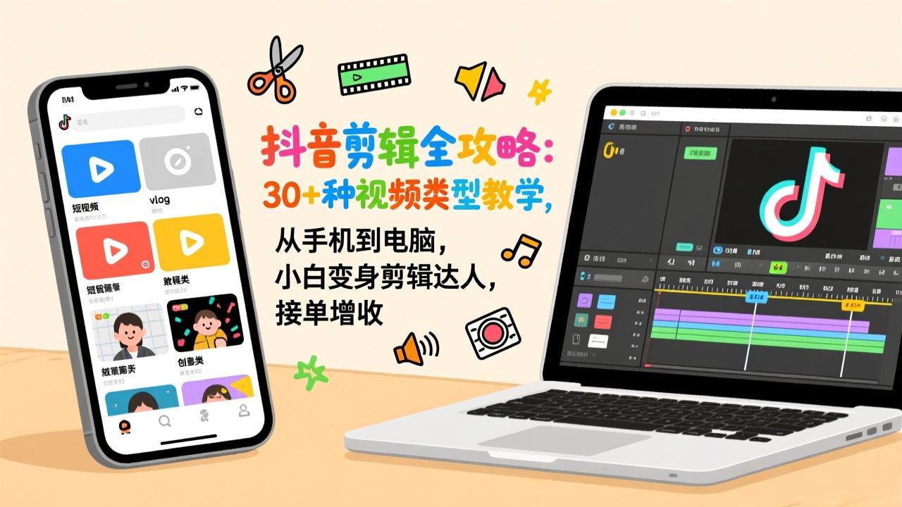 抖音剪辑全攻略：30+种视频类型教学，从手机到电脑，小白变身剪辑达人，接单增收-极光网创