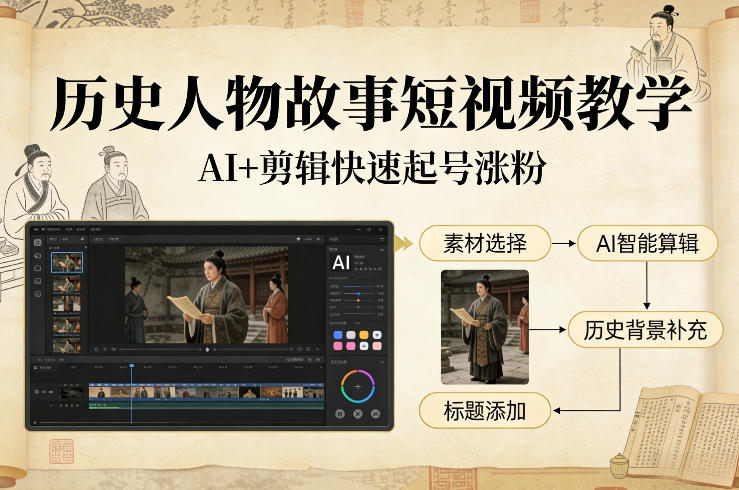 历史人物故事短视频教学，AI+剪辑制作历史人物题材短视频，快速起号涨粉-极光网创