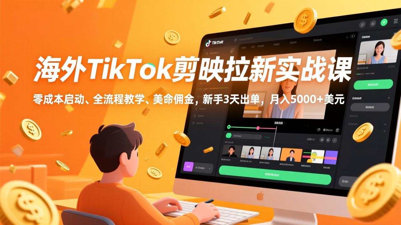 海外TikTok剪映拉新实战课，零成本启动、全流程教学、美金佣金，新手3天出单，月入5000+美元-极光网创