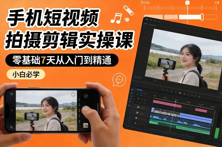 手机短视频拍摄剪辑实操课，零基础7天从入门到精通，小白必学-极光网创