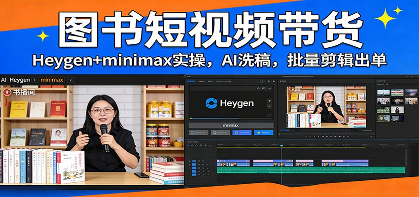 图书短视频带货：Heygen+minimax实操，AI洗稿 ，批量剪辑出单-极光网创