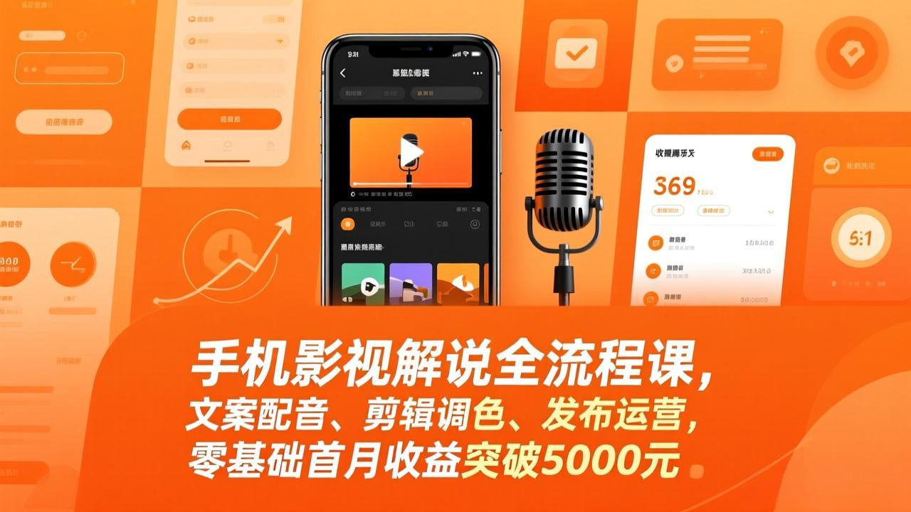 手机影视解说全流程课，文案配音、剪辑调色、发布运营，零基础首月收益突破5000元-极光网创