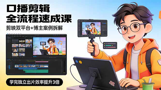 口播剪辑全流程速成课，剪映双平台+博主案例拆解，学完独立出片效率提升3倍-极光网创