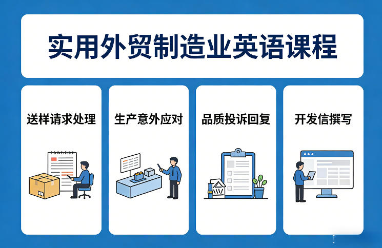 实用外贸制造业英语课程，教你专业处理送样请求、应对生产意外、回复品质投诉、撰写开发信等-极光网创