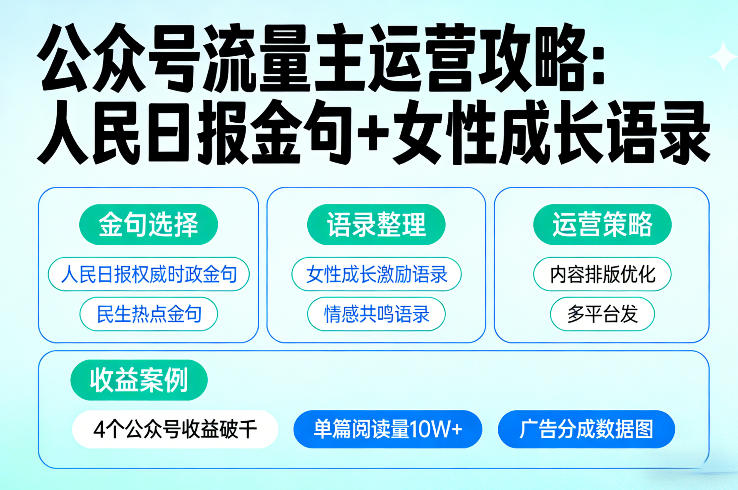 利用人民日报金句+女性成长语录做公众号流量主，4个公众号收益破千-极光网创