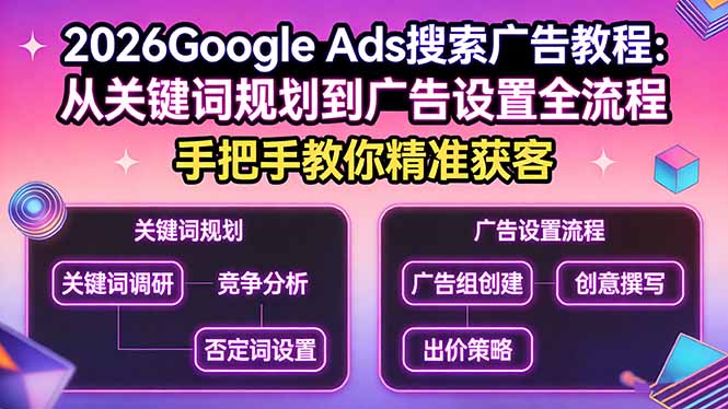 2026Google Ads搜索广告教程：从关键词规划到广告设置全流程，手把手教你精准获客-极光网创
