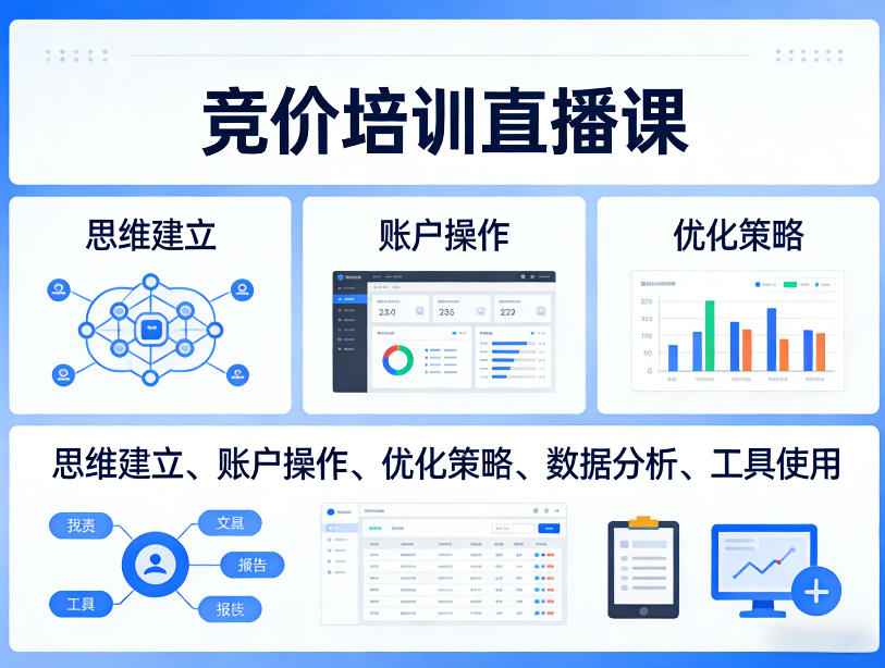 竞价培训直播课，覆盖思维建立、账户操作、优化策略、数据分析、工具使用等，全方位提升效果-极光网创