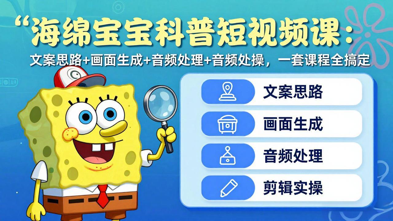 海绵宝宝科普短视频课：文案思路+画面生成+音频处理+剪辑实操，一套课程全搞定-极光网创