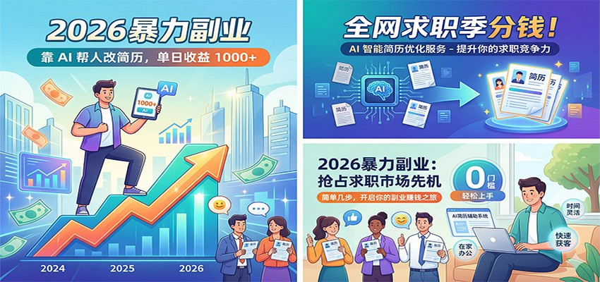 2026暴力副业：靠AI帮人改简历，单日收益1000+，全网求职季分钱-极光网创