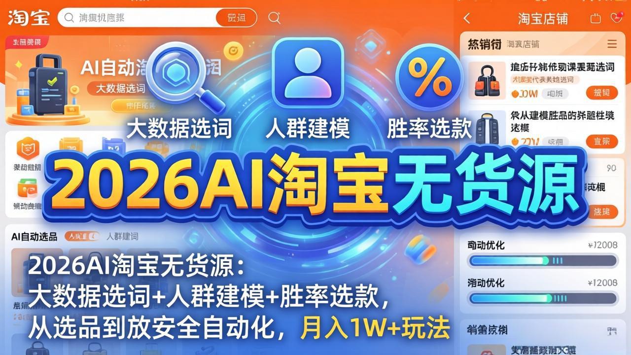 2026AI淘宝无货源：大数据选词+人群建模+胜率选款，从选品到放大全自动化，月入1W+玩法-极光网创