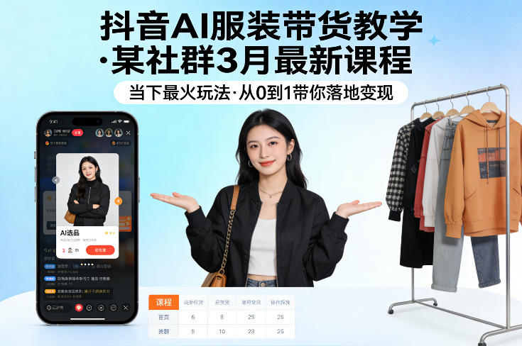 抖音AI服装带货教学，某社群3月最新课程，当下最火玩法，从0到1带你落地变现-极光网创