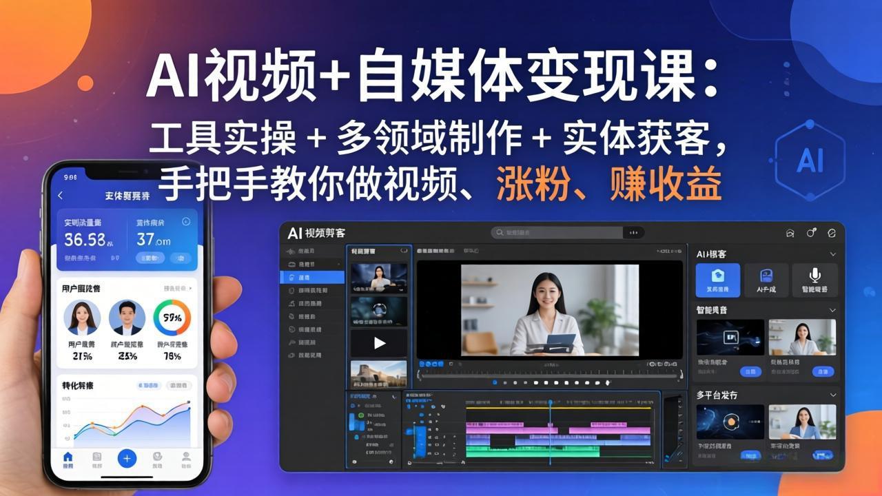 AI视频+自媒体变现课:工具实操 + 多领域制作 + 实体获客,手把手教你做视频、涨粉、赚收益-极光网创