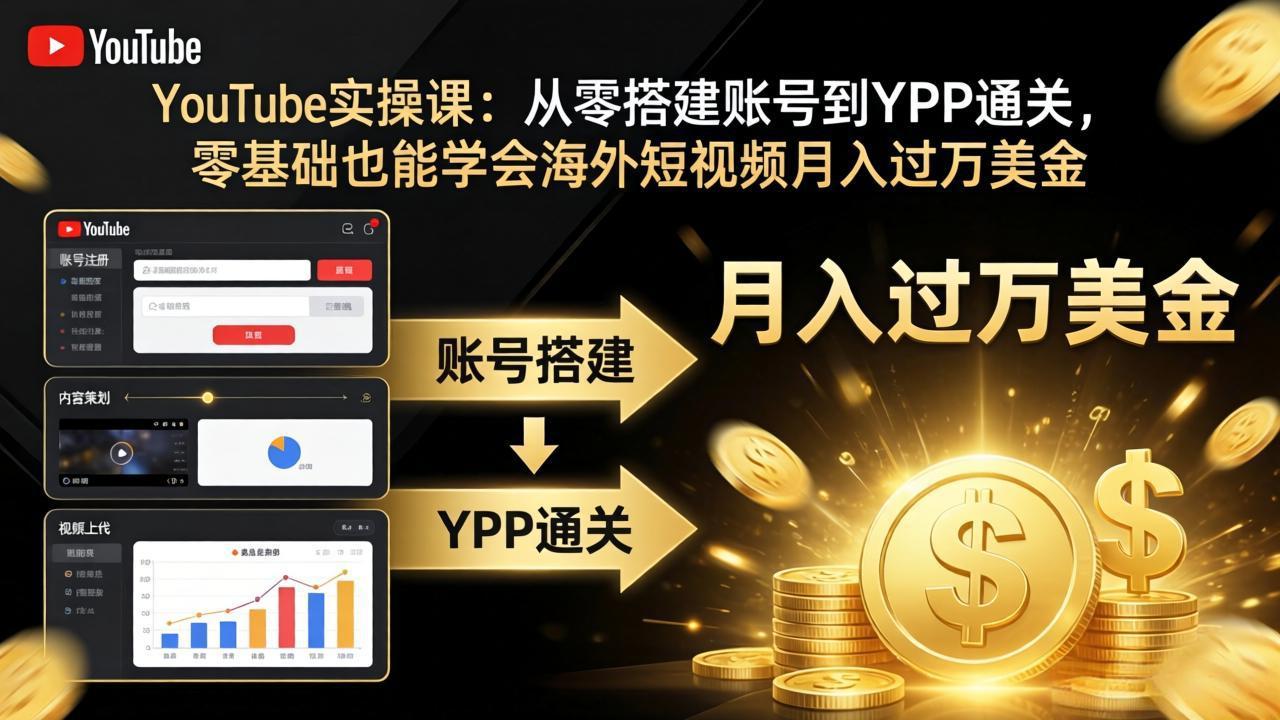 YouTube实操课:从零搭建账号到YPP通关,零基础也能学会海外短视频月入过万美金-极光网创