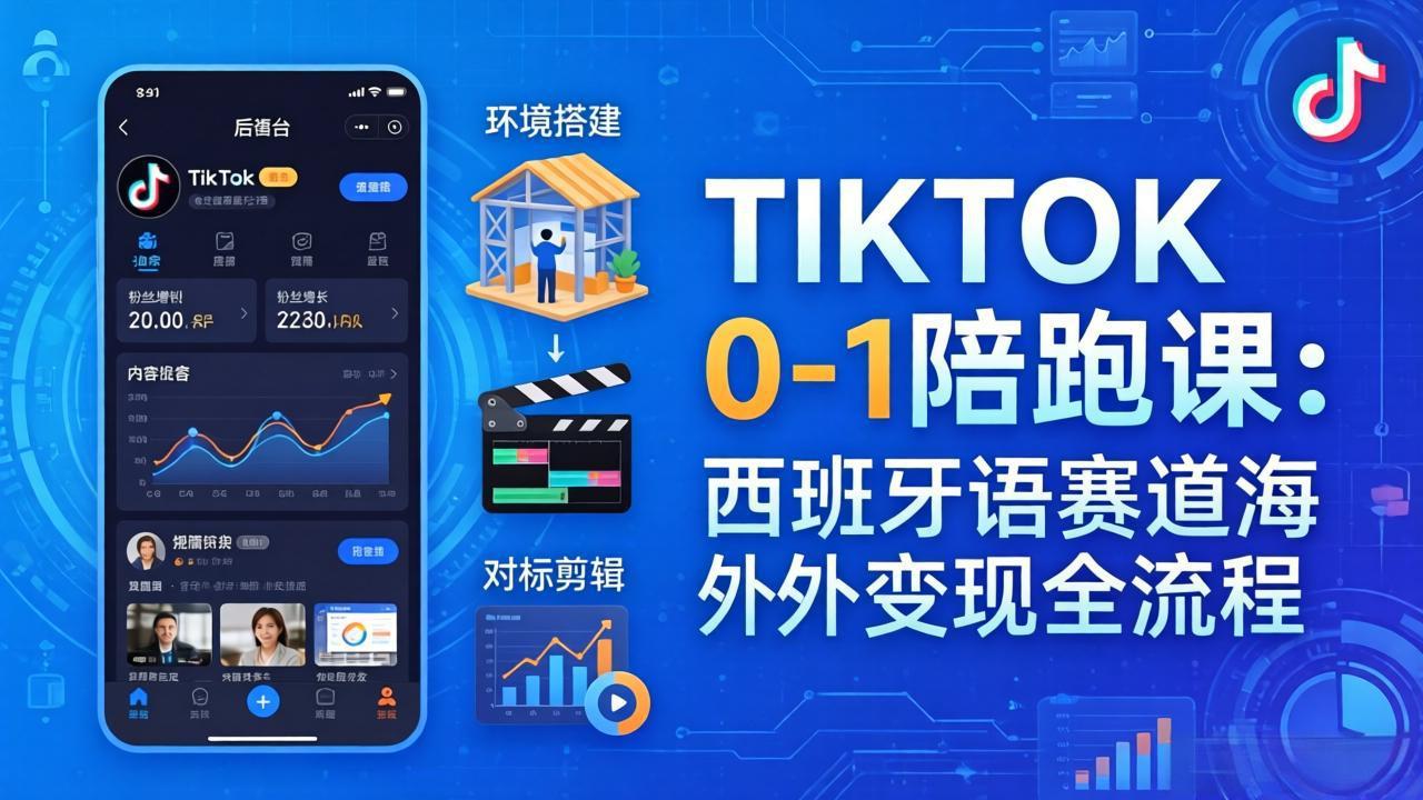 TIKTOK 0-1 陪跑课：从环境搭建到刷对标剪辑，西班牙语赛道海外变现全流程-极光网创